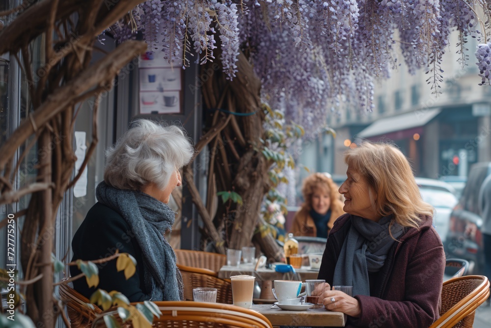 Two female Parisians enjoying coffee at an al fresco bistro surrounded by flourishing wisteria in France.