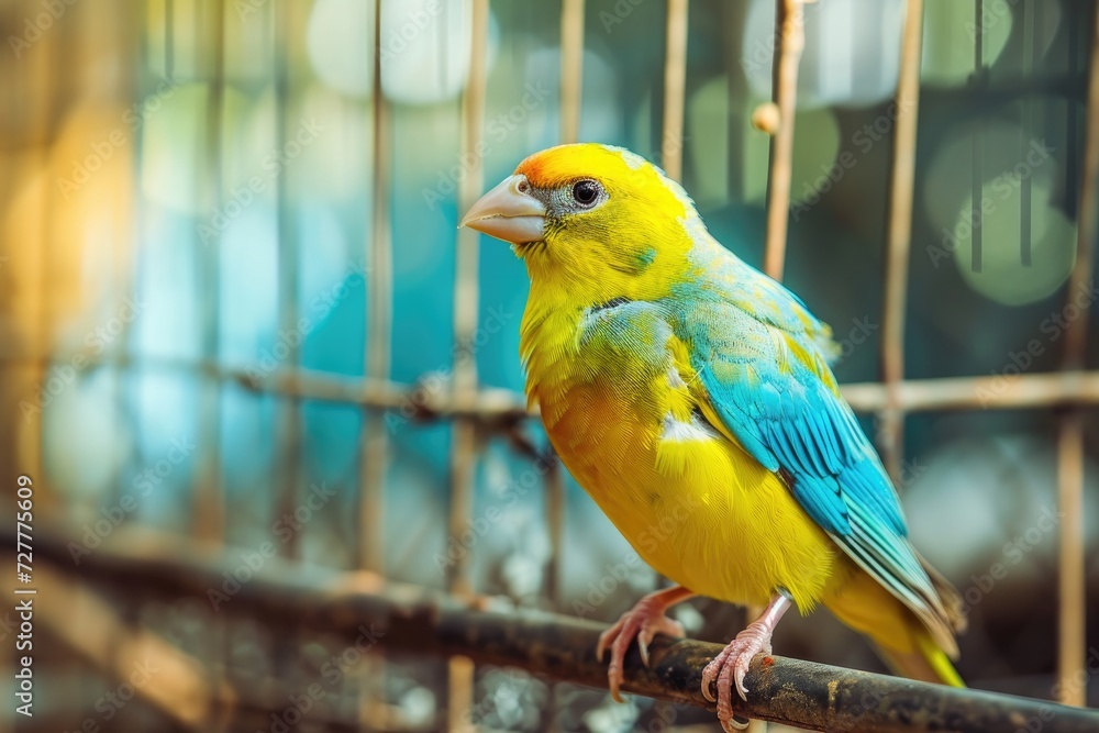 Obraz premium A cute bright yellow canary bird in its cage. Generative AI