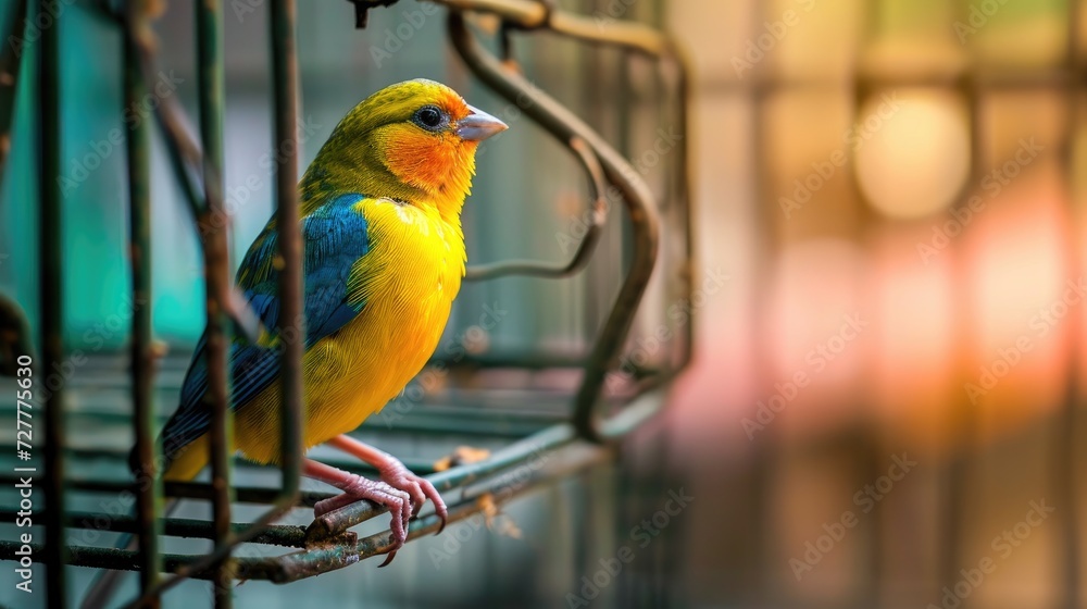 Obraz premium A cute bright yellow canary bird in its cage. Generative AI