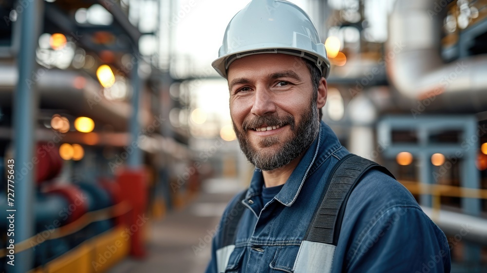 Portrait a happy engineer working on a petrol plant. Generative AI. Portrait a happy engineer working on a petrol plant. Generative AI.
