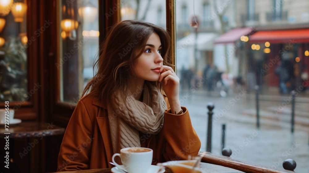 Female savoring coffee at bistro in Paris, France. Female savoring coffee at bistro in Paris, France.