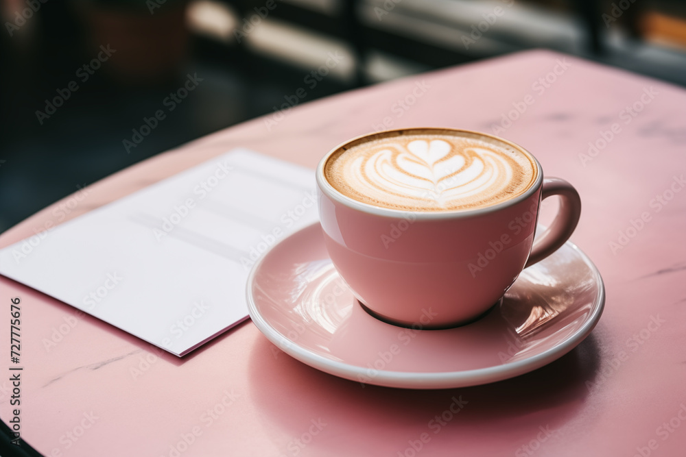 Obraz premium Pink cup with a creamy heart-shaped design on coffee, on a wooden table beside a pink notebook. Concept for cafe ambiance, love for coffee, or Valentines Day promotions.