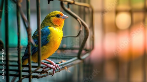 A cute bright yellow canary bird in its cage. Generative AI