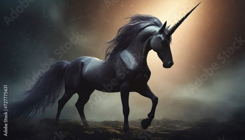 Dark fantasy black unicorn illustration, fairy tale wild creature, mysterious animal, horse with horn