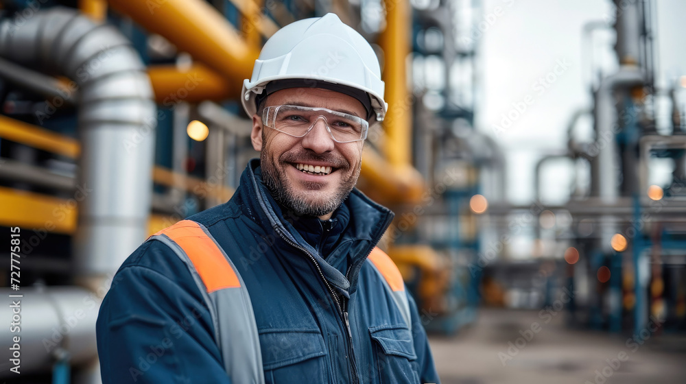 Portrait a happy engineer working on a petrol plant. Generative AI. Portrait a happy engineer working on a petrol plant. Generative AI.