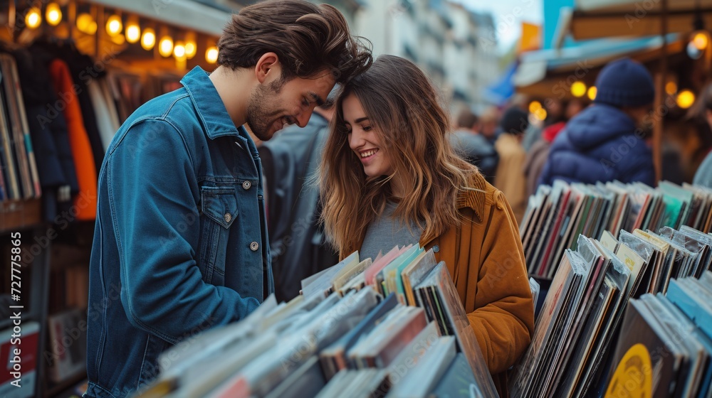 A youthful pair browsing vinyls at a flea market in France.