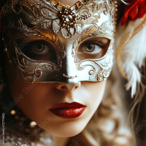 A stunning model woman graces the party, donning a Venetian masquerade carnival mask.