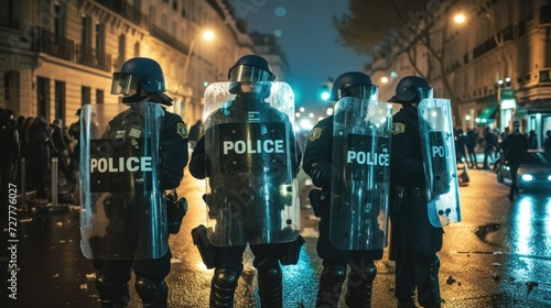 Group police officers patrolling city street. Policemen walk urban road. Brave men control security. Armed patrolman guard stop crazy crowd protest. Cop uniform. Professional duty. Guys monitor town.