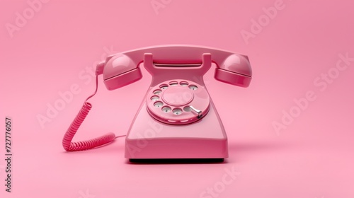 Pink retro analog phone on pink background, minimalist.