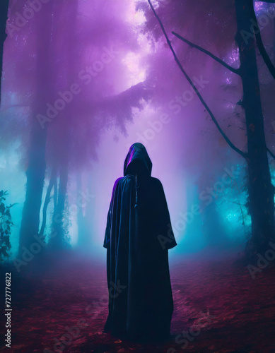 Scary forest with fog, human ghostly silhouette in a hooded cloak, spooky dark woods, mystic light, Halloween