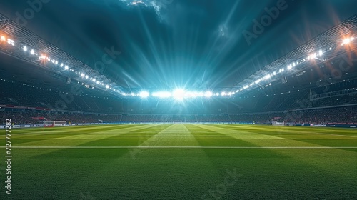 Stadium lights pierce the dark night sky, Soccer match. Generative AI.
