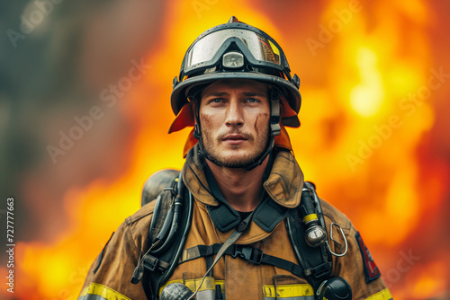 Firefighter in gear with a blaze in the background © ChaoticDesignStudio