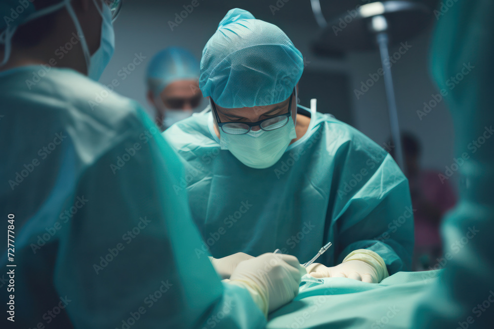Surgical Team in Action: A Professional Surgeon Leading a Skilled Medical Team in a Sterile Operating Room