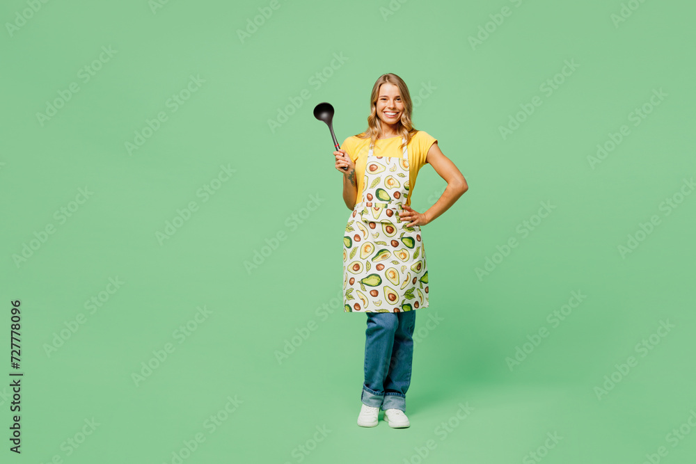 Full body young happy housewife housekeeper chef cook baker woman wear apron yellow t-shirt hold in hand soup black ladle dipper isolated on plain pastel green background studio. Cooking food concept. Full body young happy housewife housekeeper chef cook baker woman wear apron yellow t-shirt hold in hand soup black ladle dipper isolated on plain pastel green background studio. Cooking food concept.