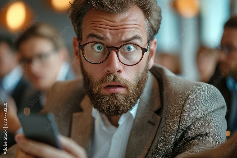A boss in a meeting giving a confused and shocking expression looking at his phone in hand, In a conference room. Generative AI. A boss in a meeting giving a confused and shocking expression looking at his phone in hand, In a conference room. Generative AI.