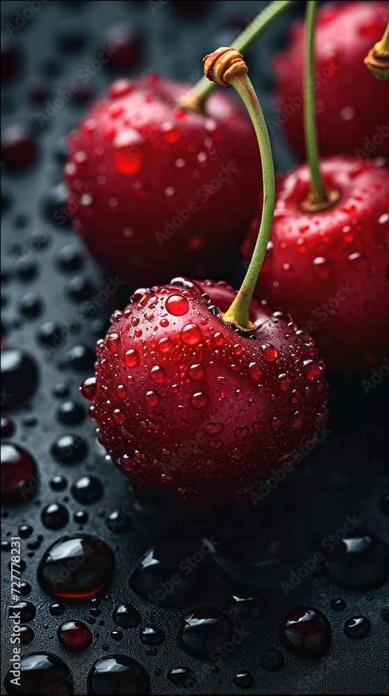Water droplets on red cherries on black background, close-up. Generative AI. Water droplets on red cherries on black background, close-up. Generative AI.
