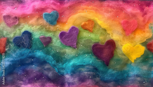 colorful fleece felted hearts with rainbow  background photo