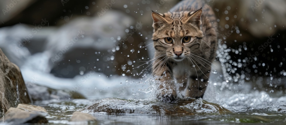 Adorable Fishing Cat Catches Fish on Rocky Shoreline - Cute, Fishing Cat Shows its prowess with a Reel in the Rock-Strewn Waters