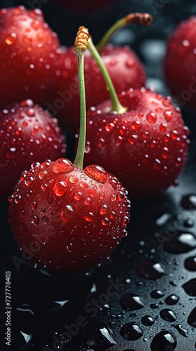 Water droplets on red cherries on black background, close-up. Generative AI.