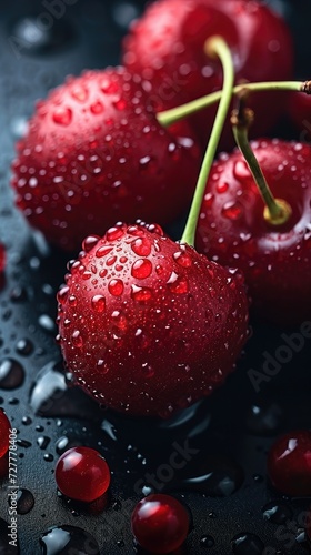 Water droplets on red cherries on black background, close-up. Generative AI.