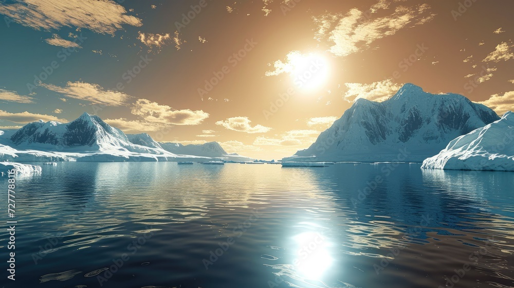 Huge glaciers on an ocean with the silver sun in the sky. Generative AI.