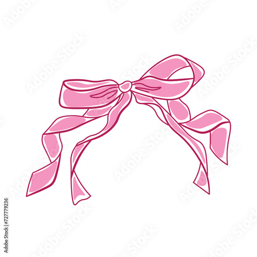 Hand drawn pink bow of coquette soft style. Cute pink ribbon bow vector	

