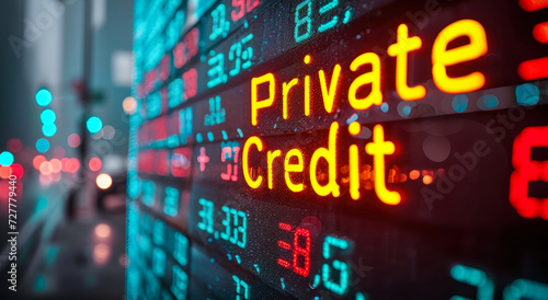 Dynamic business stock market display showcasing Private Credit in bright neon lights, reflecting financial data, investment trends, and private lending industry photo