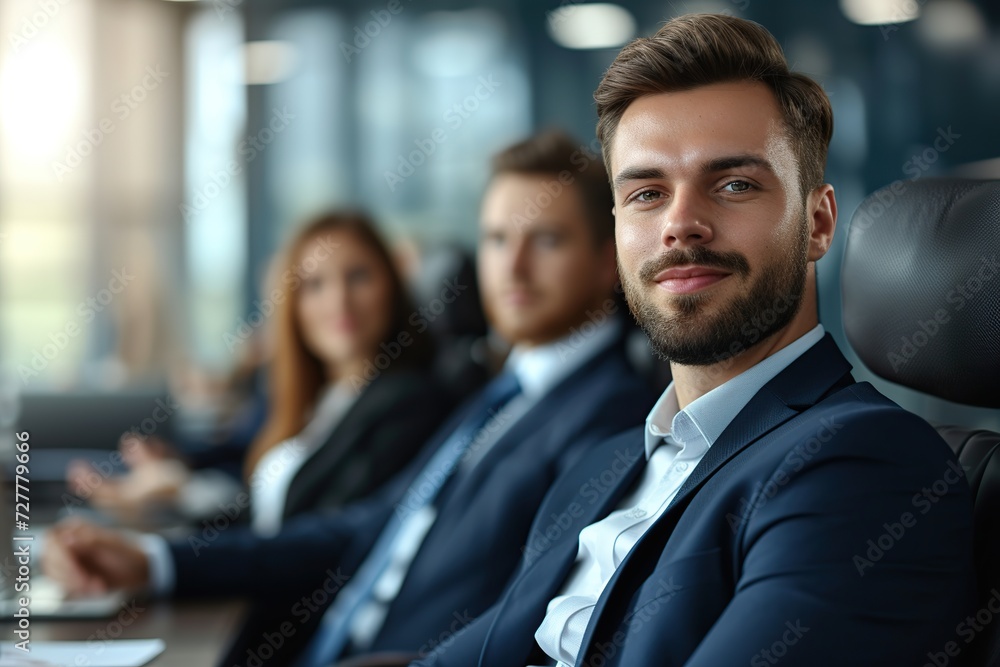 Businessman discussing with colleagues in conference room during meeting at office Businessman discussing with colleagues in conference room during meeting at office