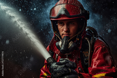 Firefighter extinguish a fire using a spraying hose © Alina