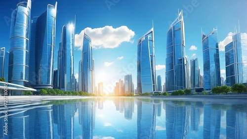  modern skyscrapers of a smart city, futuristic financial district with buildings and reflections , blue color background for corporate and business template with warm sun rays of light