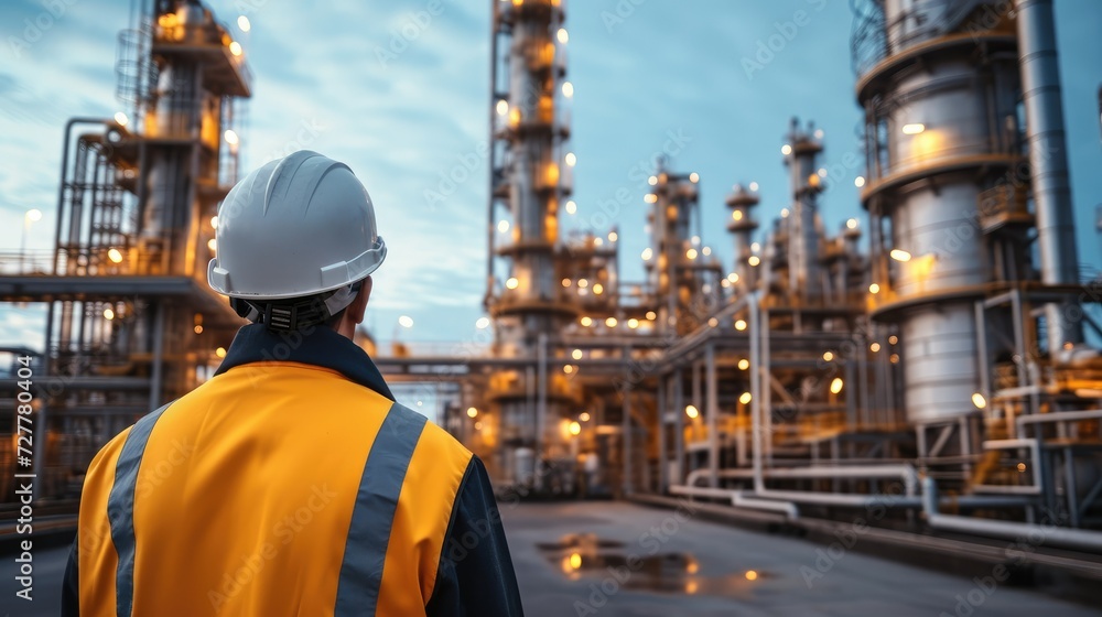 Worker supervisor wear safety helmet standing against oil refinery plant in heavy petrochemical industry estate. Generative AI. Worker supervisor wear safety helmet standing against oil refinery plant in heavy petrochemical industry estate. Generative AI.