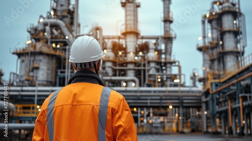 Worker supervisor wear safety helmet standing against oil refinery plant in heavy petrochemical industry estate. Generative AI.