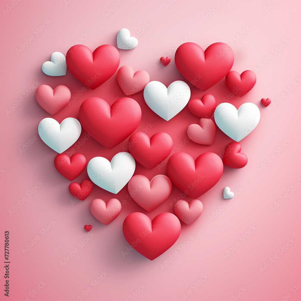3d red hearts on pink background