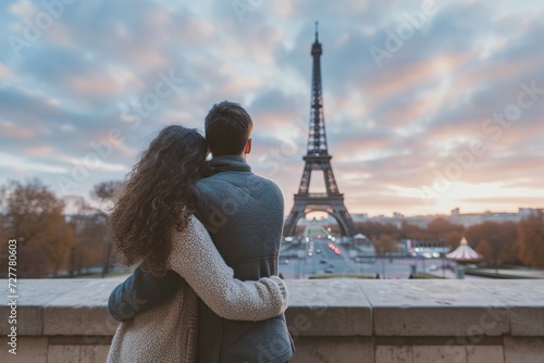 Back view of young couple standing in front of Eiffel Tower in Paris