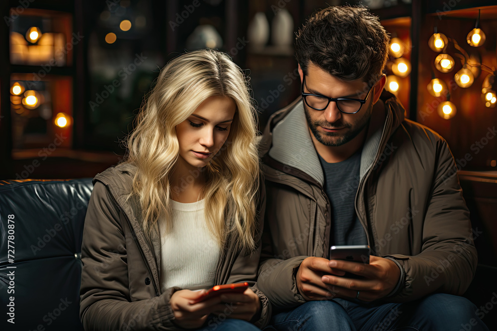 Digital Connection: man and woman, absorbed in their digital realm, sit on a couch, sharing an intimate moment while engrossed in their cell phones Digital Connection: man and woman, absorbed in their digital realm, sit on a couch, sharing an intimate moment while engrossed in their cell phones