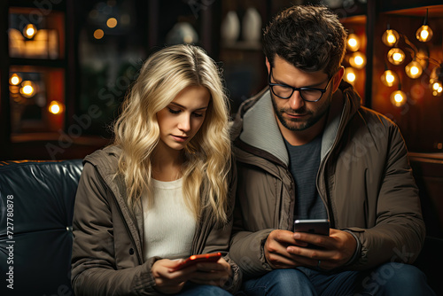 Digital Connection: man and woman, absorbed in their digital realm, sit on a couch, sharing an intimate moment while engrossed in their cell phones