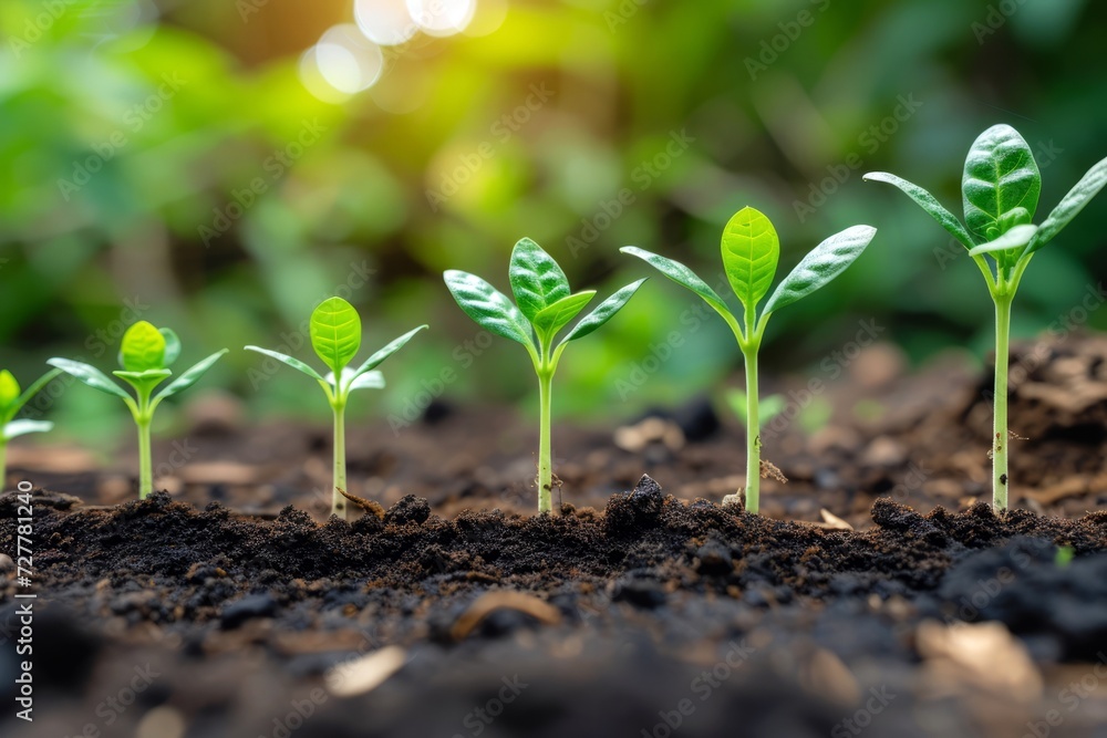 Fototapeta premium Green seedling growing step in soil with green leaves on blurred nature background, Concept of growth in new life and investment in green business 