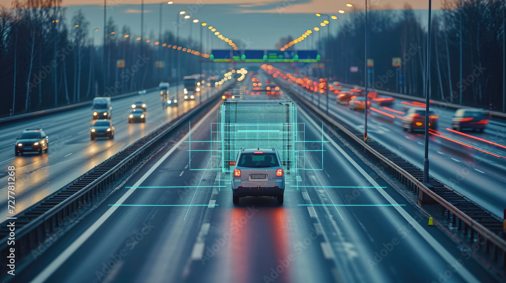 A plate recognition system in operation on a motorway. Generative AI. A plate recognition system in operation on a motorway. Generative AI.