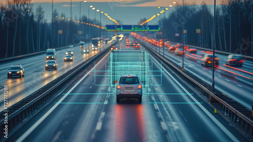 A plate recognition system in operation on a motorway. Generative AI.