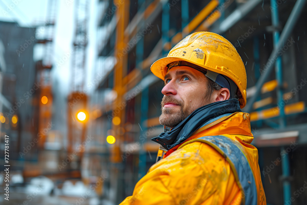 Experienced engineer looking up at construction site Experienced engineer looking up at construction site