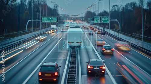 A plate recognition system in operation on a motorway. Generative AI. © visoot