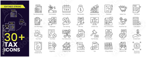 Tax Stroke icon set. Containing tax refund, tax deduction, payment, tax accounting, calculator, taxpayer, VAT, taxation and income icons. Solid icon collection. Editable Outline Icons photo