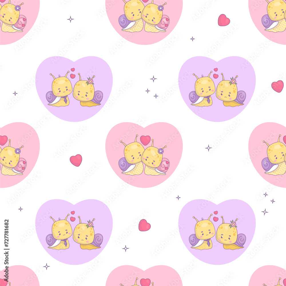 Seamless pattern with loving couple snails on white background with hearts. Funny kawaii insect girl and boy character. Vector illustration. romantic valentine backdrop