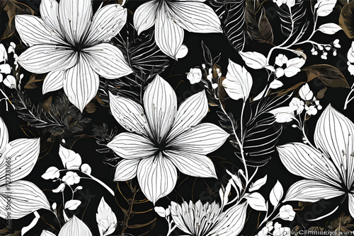 Seamless floral background. Floral pattern. Black and white seamless floral pattern. Black paint vector illustration with abstract floral art. Textiles  paper  wallpaper decoration. Vintage background