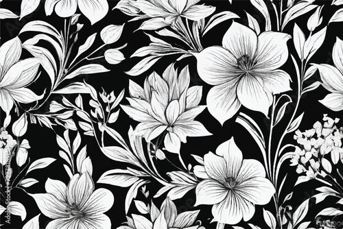 Seamless floral background. Floral pattern. Black and white seamless floral pattern. Black paint vector illustration with abstract floral art. Textiles  paper  wallpaper decoration. Vintage background