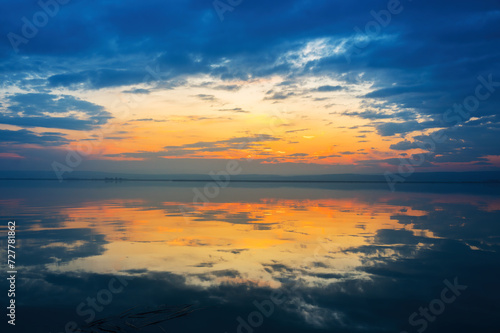 reflections of clouds at sunset in a lake