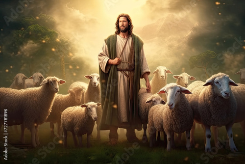 Jesus shepherd standing with his sheep, bathed in the ethereal glow of the setting sun, emanating a sense of peace and guardianship.