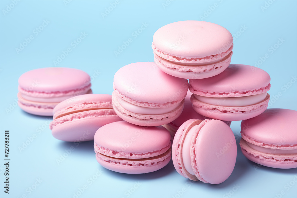 Stacked light pink macarons against a vibrant blue backdrop. Concept for bakery, dessert menu, or sweet treat promotion. Plenty of copy space. Stacked light pink macarons against a vibrant blue backdrop. Concept for bakery, dessert menu, or sweet treat promotion. Plenty of copy space.