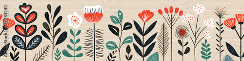 Hand drawn grass and flowers, spring meadow, seamless border, vector illustration	
