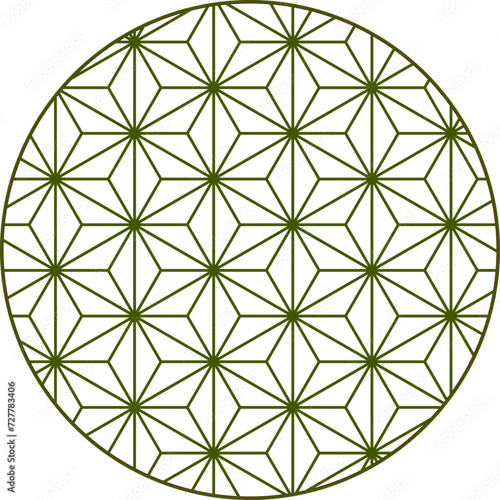 Japanese asanoha pattern in circle, green lines Japanese asanoha pattern in circle, green lines
